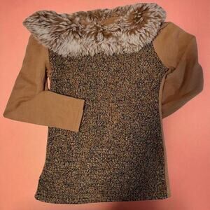 Camel Faux Fur Collar Bouclé Knit Long Sleeve Top